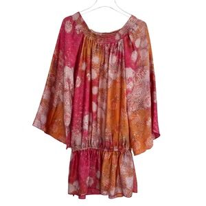 Alexis Off Shoulder Dress Womens Large Pink Orange Smocked Bell Sleeve Boho